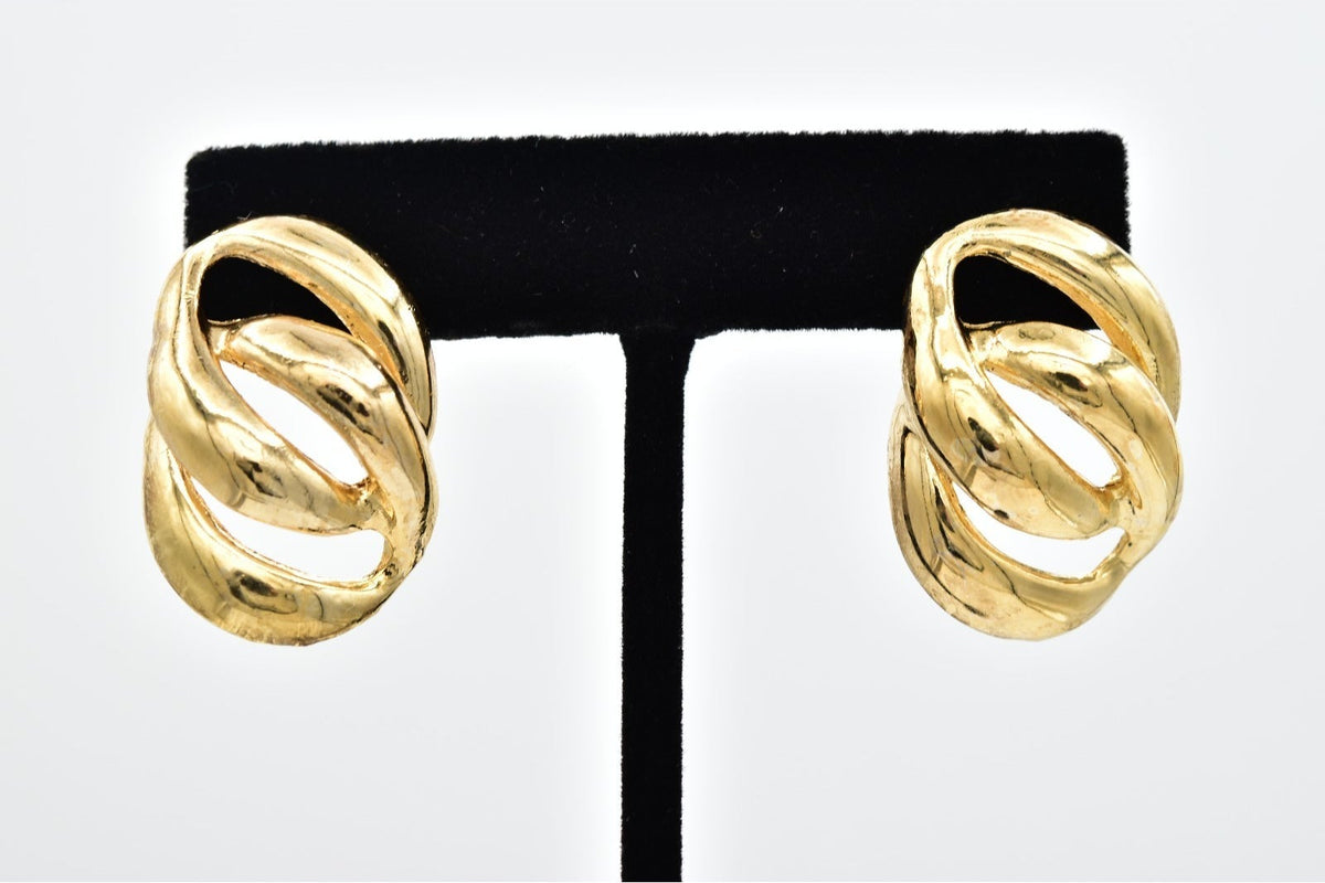 Vintage Gold Tone Openwork Swirl Oval Stud Earrings 1980s