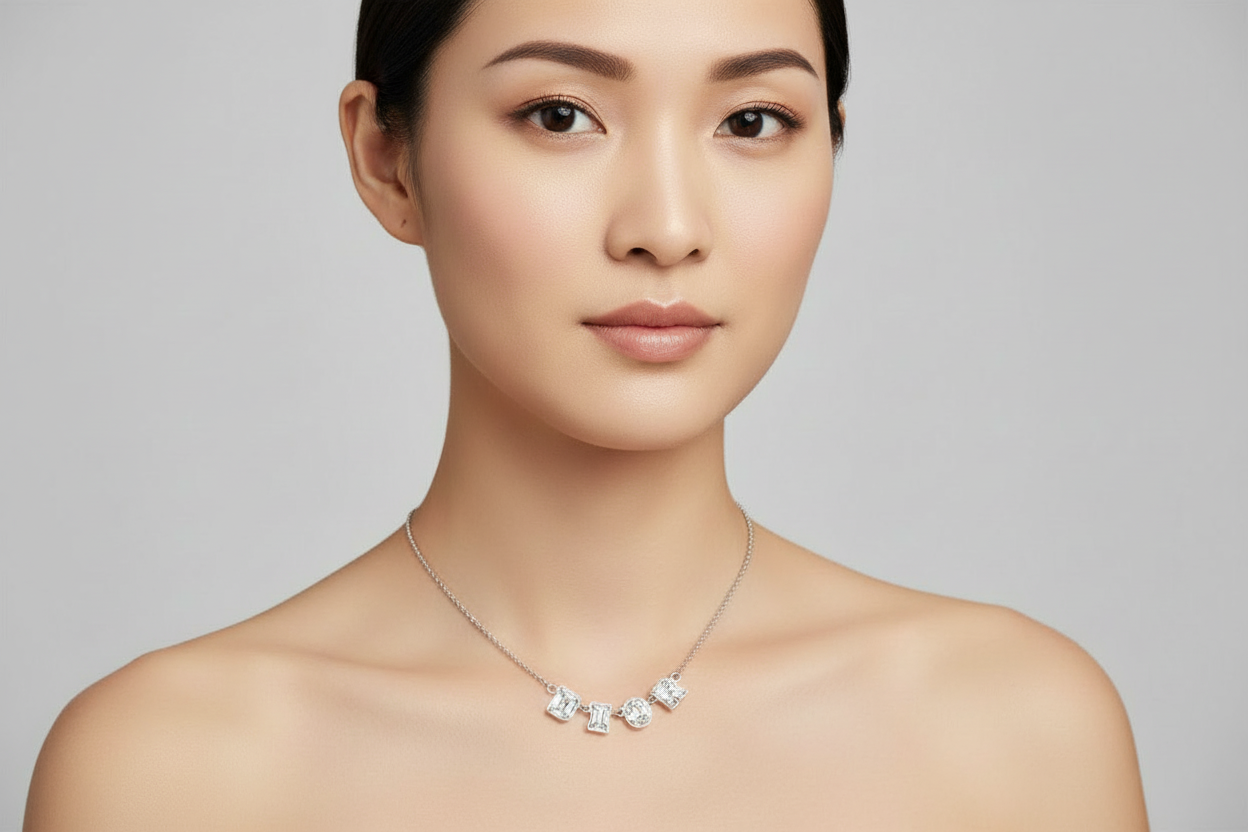 Silver necklace with round pendants on a black mannequin against a white background