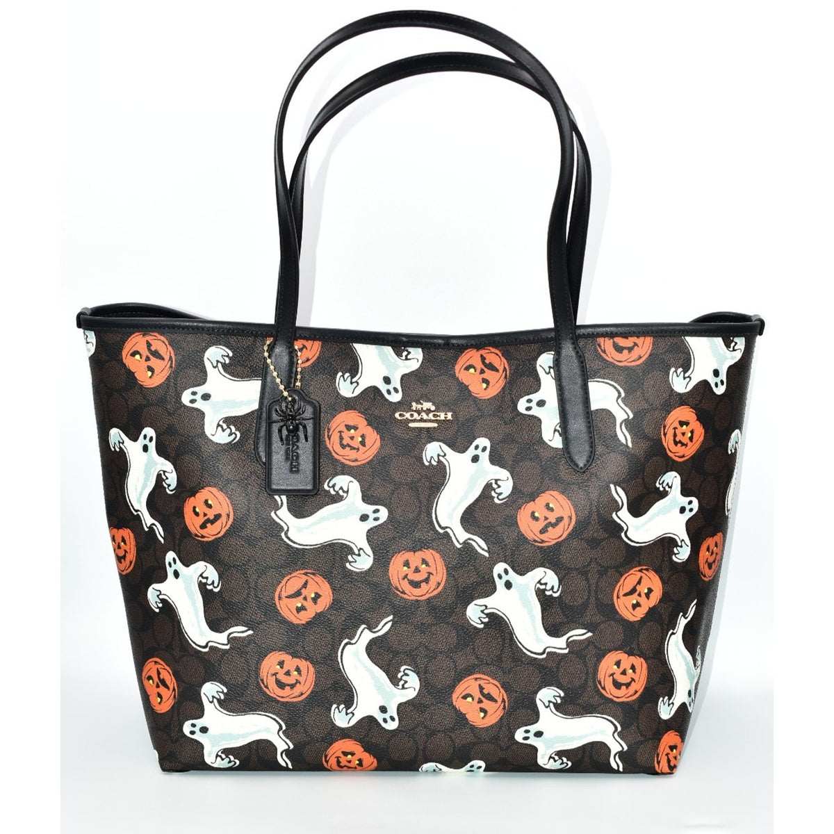 Coach City Tote Bag In Signature Canvas With Halloween Print Pumpkin Ghost NWT