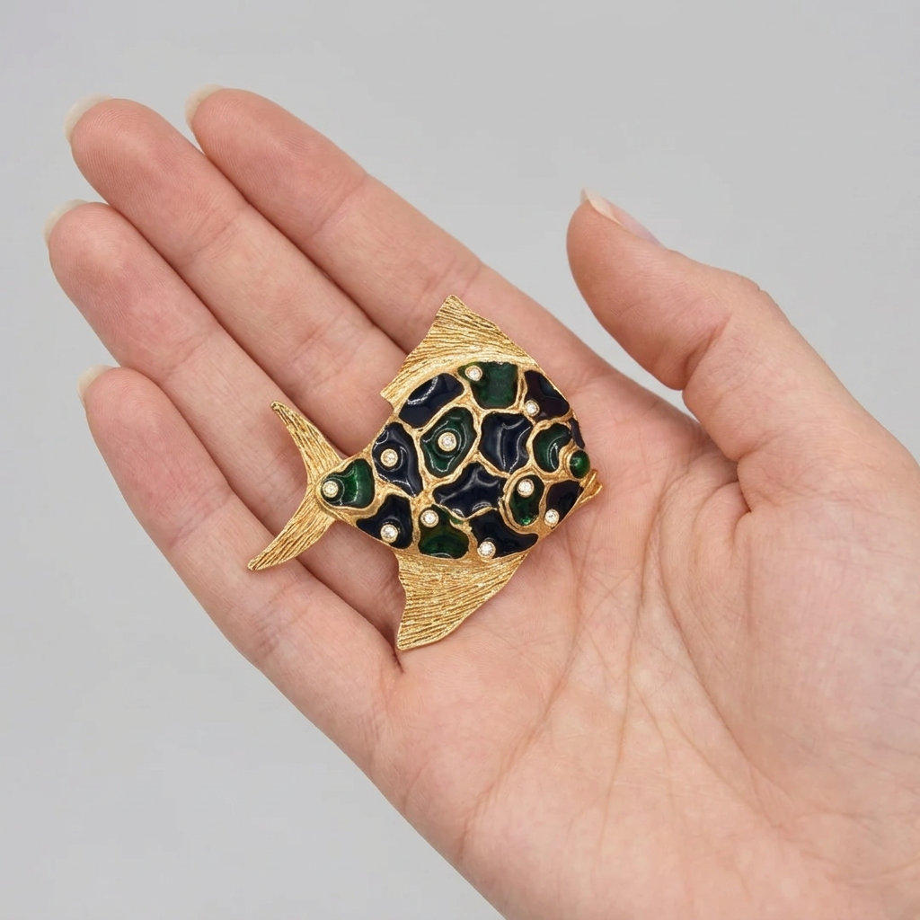 Vintage Green Black Enamel Rhinestone Crystal Fish Brooch Pin 1980s