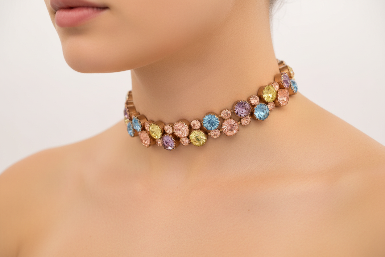 Multicolored gemstone choker on a mannequin neck against a white background