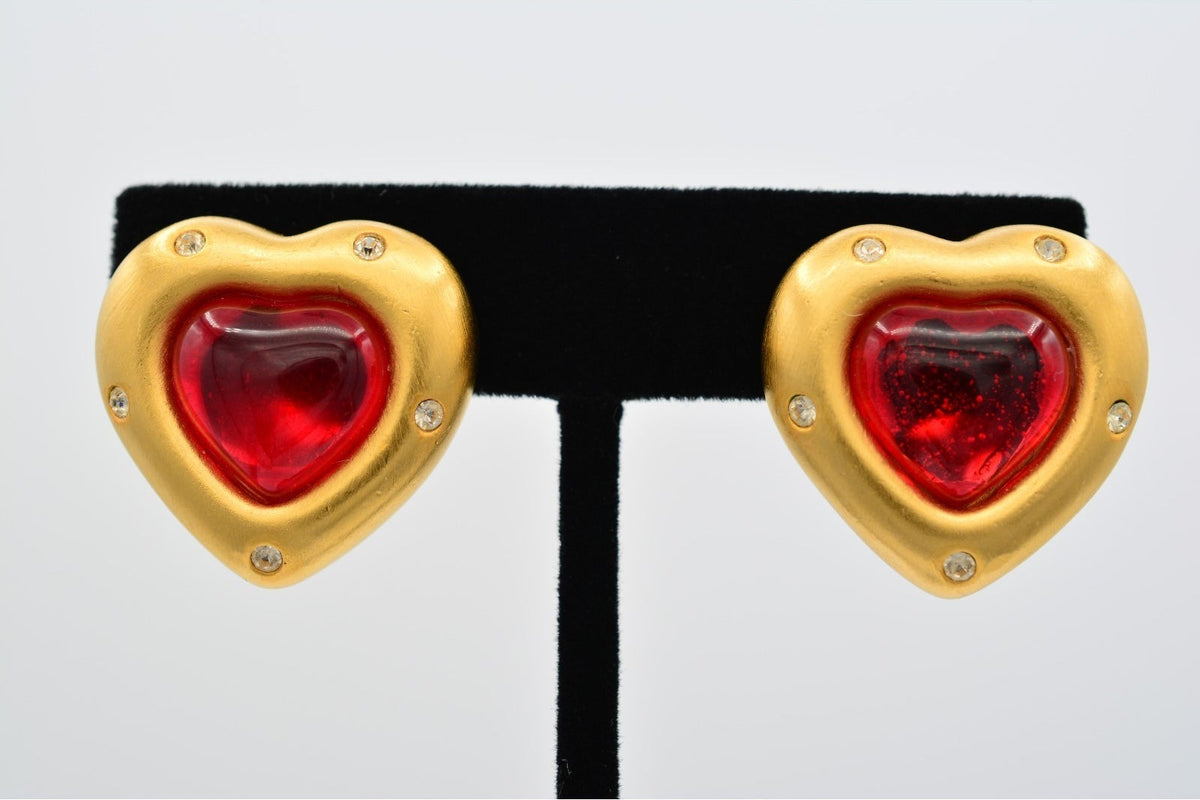 Givenchy Vintage Red Cabochon Heart Clip On Earrings